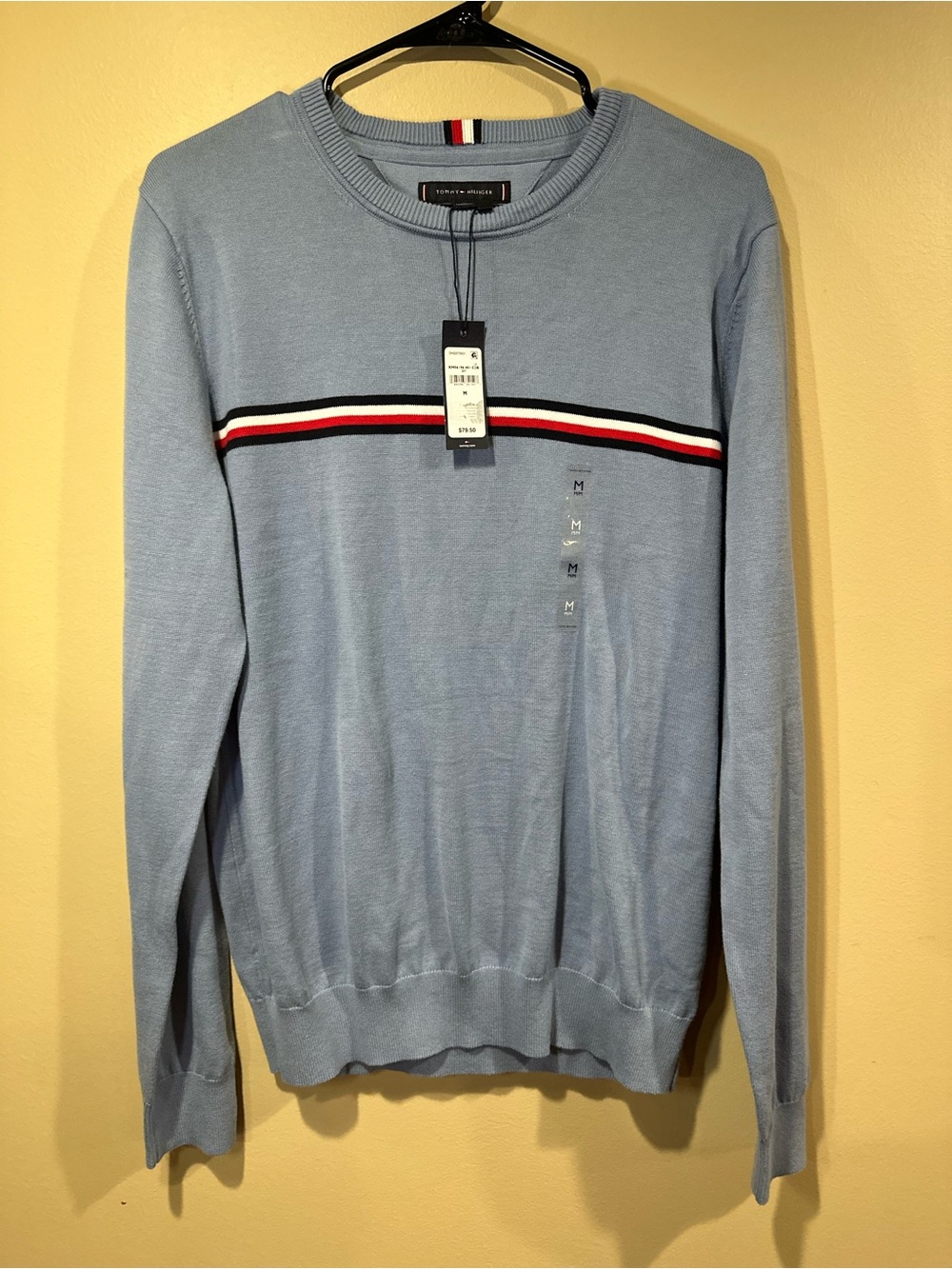 Tommy Hilfiger Sky Blue Crewneck Sweater with Red-White-Navy Chest Stripe